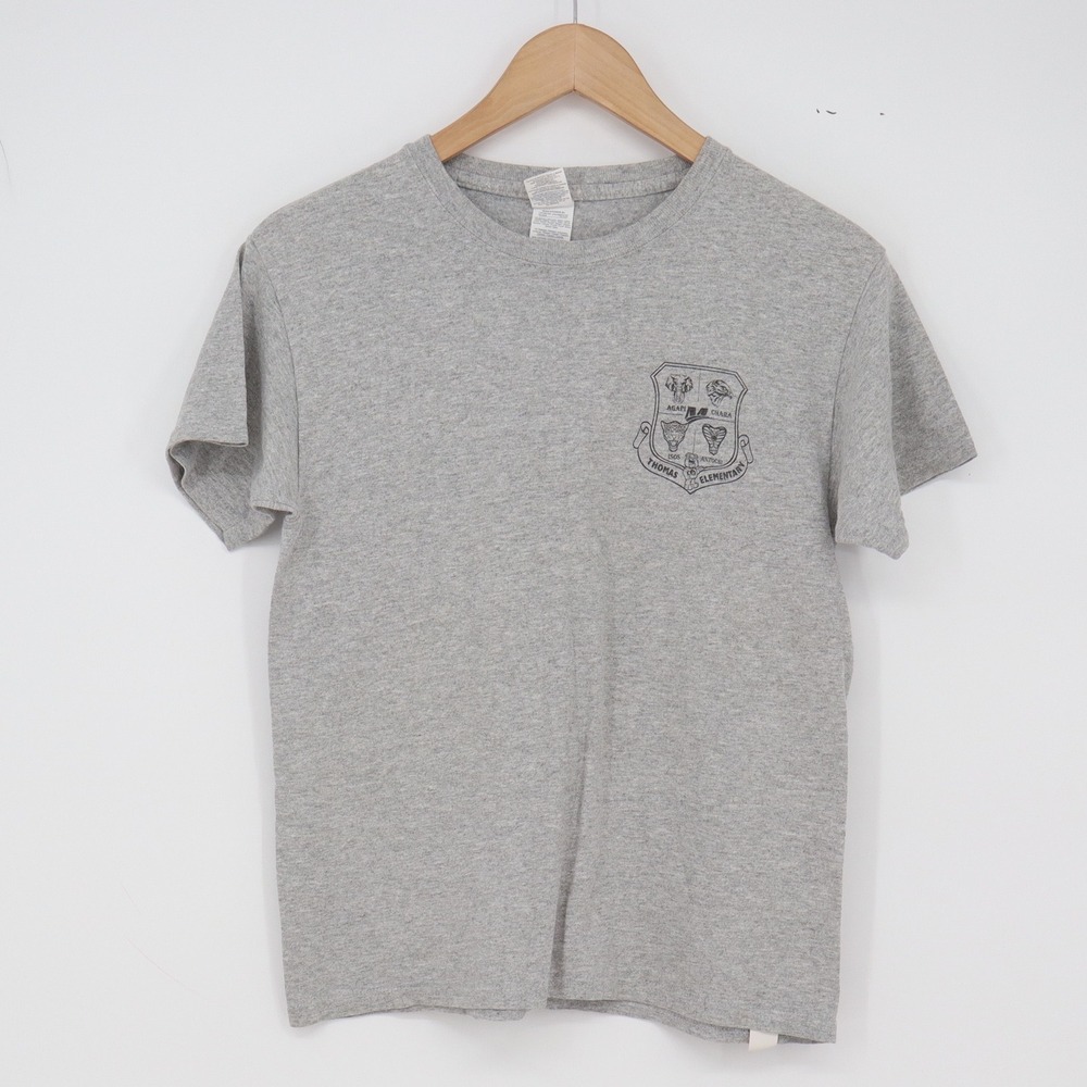 Gildan T-Shirt Youth Medium Heavy Cotton TearAway Heather Gray Graphic Excellent
